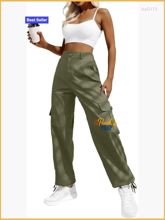 Pants - High Waisted Cargo Pants with 6 Pockets Stretchy Wide Leg Travel Streetwear